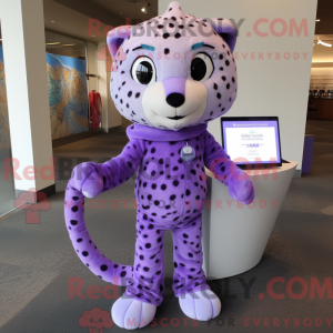 Mascot character of a Lavender Cheetah dressed with a Leggings and Messenger bags