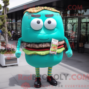 Mascot character of a Turquoise Hamburger dressed with a Shorts and Reading glasses