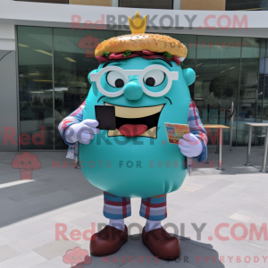 Mascot character of a Turquoise Hamburger dressed with a Shorts and Reading glasses