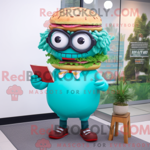 Mascot character of a Turquoise Hamburger dressed with a Shorts and Reading glasses