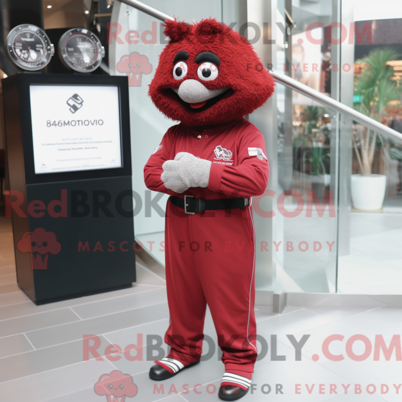 Mascot character of a Maroon Shepard'S Pie dressed with a Jumpsuit and Bracelet watches