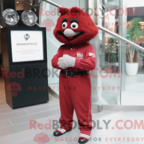 Mascot character of a Maroon Shepard'S Pie dressed with a Jumpsuit and Bracelet watches