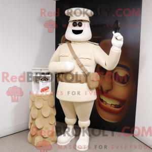 Mascot character of a Cream Army Soldier dressed with a Cocktail Dress and Handbags