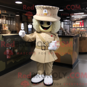 Mascot character of a Cream Army Soldier dressed with a Cocktail Dress and Handbags