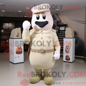Mascot character of a Cream Army Soldier dressed with a Cocktail Dress and Handbags