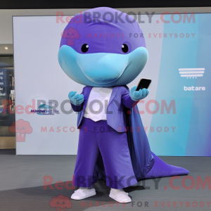Mascot character of a Purple Blue Whale dressed with a Sheath Dress and Smartwatches