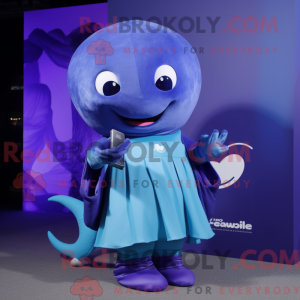 Mascot character of a Purple Blue Whale dressed with a Sheath Dress and Smartwatches