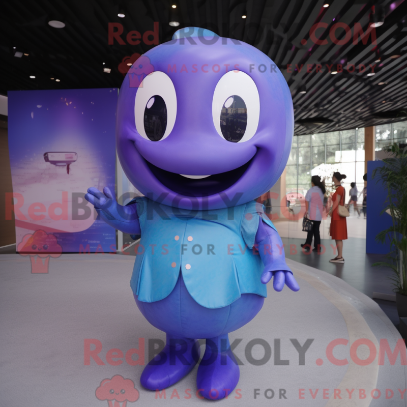 Mascot character of a Purple Blue Whale dressed with a Sheath Dress and Smartwatches