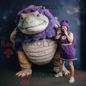 Mascot character of a Purple Glyptodon dressed with a Capri Pants and Wraps