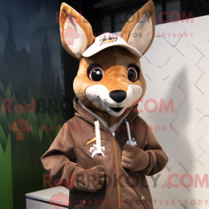Mascot character of a Brown Roe Deer dressed with a Hoodie and Hats