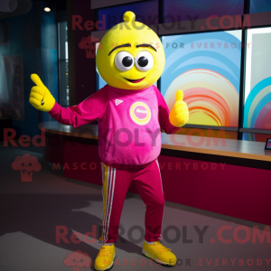 Mascot character of a Magenta Lemon dressed with a Rash Guard and Caps