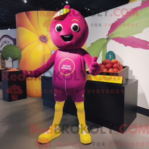 Mascot character of a Magenta Lemon dressed with a Rash Guard and Caps