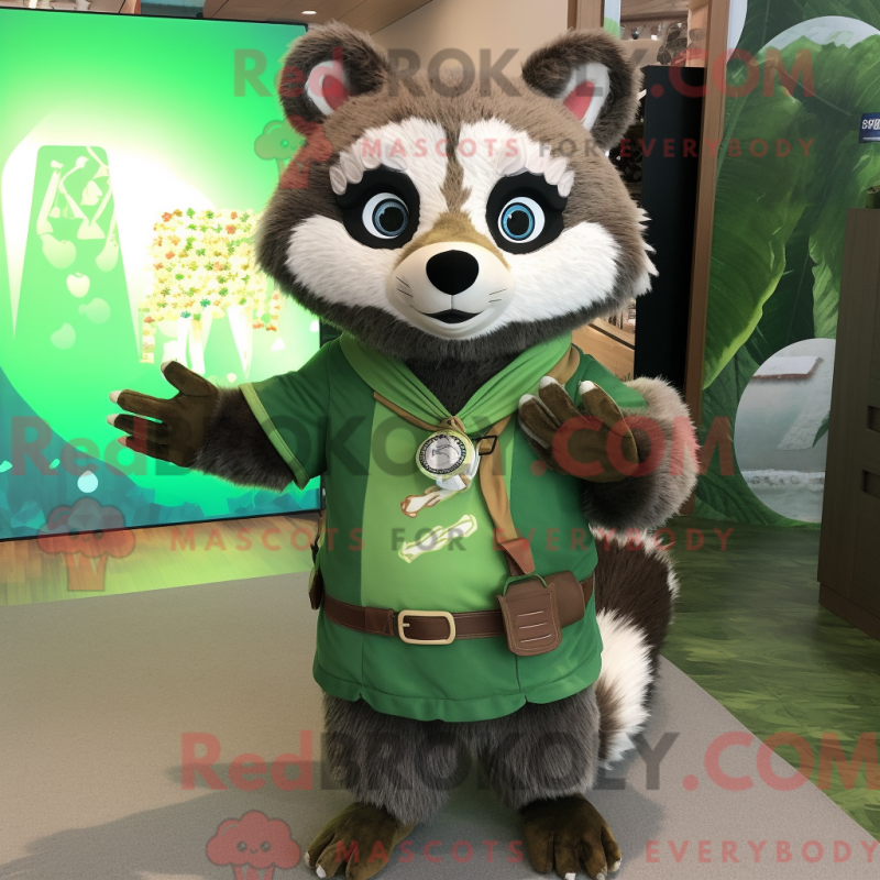 Mascot character of a Green Raccoon dressed with a Button-Up Shirt and Shawls