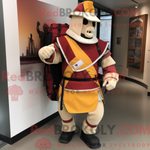 Mascot character of a Beige Swiss Guard dressed with a Rash Guard and Backpacks