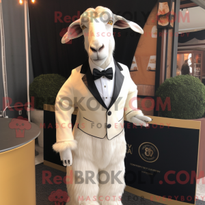 Mascot character of a Beige Boer Goat dressed with a Tuxedo and Lapel pins