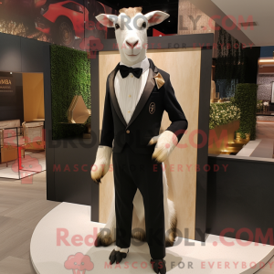 Mascot character of a Beige Boer Goat dressed with a Tuxedo and Lapel pins