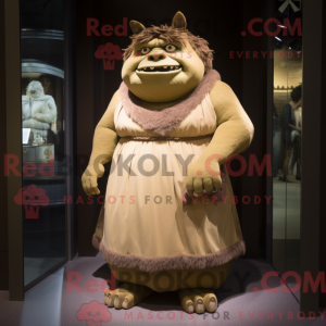 Mascot character of a Tan Ogre dressed with a Empire Waist Dress and Handbags
