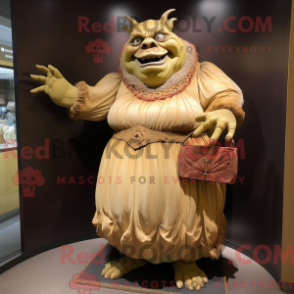 Mascot character of a Tan Ogre dressed with a Empire Waist Dress and Handbags