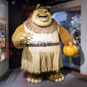 Mascot character of a Tan Ogre dressed with a Empire Waist Dress and Handbags