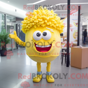 Mascot character of a Lemon Yellow Hamburger dressed with a Flare Jeans and Hair clips