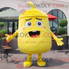 Mascot character of a Lemon Yellow Hamburger dressed with a Flare Jeans and Hair clips