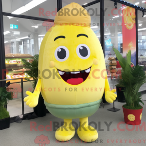 Mascot character of a Lemon Yellow Hamburger dressed with a Flare Jeans and Hair clips