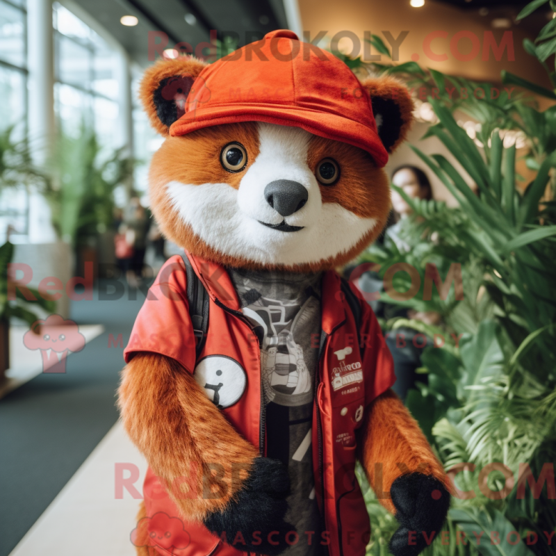 Mascot character of a Red Panda dressed with a Cardigan and Caps