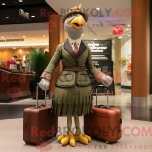 Mascot character of a Olive Turkey dressed with a Empire Waist Dress and Briefcases