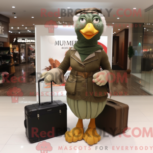 Mascot character of a Olive Turkey dressed with a Empire Waist Dress and Briefcases