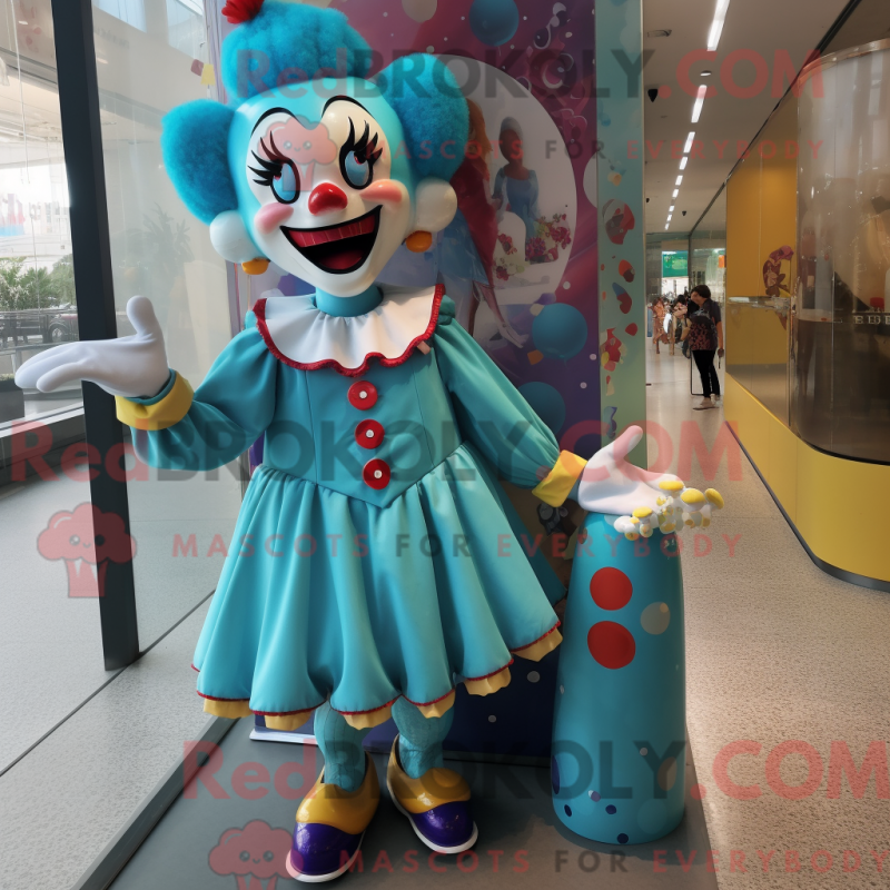 Mascot character of a Turquoise Clown dressed with a Mini Dress and Hairpins