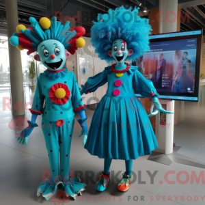 Mascot character of a Turquoise Clown dressed with a Mini Dress and Hairpins