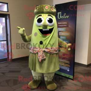 Mascot character of a Olive Enchiladas dressed with a Button-Up Shirt and Shawl pins