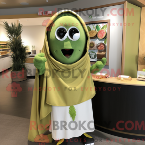 Mascot character of a Olive Enchiladas dressed with a Button-Up Shirt and Shawl pins