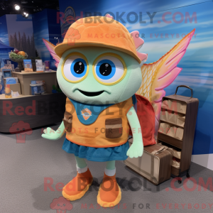 Mascot character of a Peach Fish Tacos dressed with a Henley Tee and Messenger bags