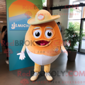 Mascot character of a Peach Fish Tacos dressed with a Henley Tee and Messenger bags