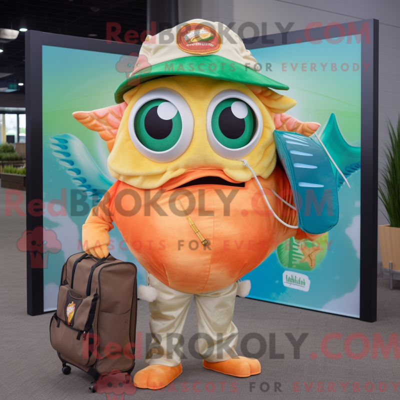 Mascot character of a Peach Fish Tacos dressed with a Henley Tee and Messenger bags