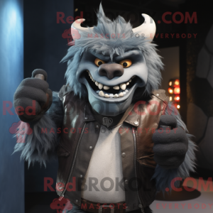 Mascot character of a Gray Demon dressed with a Leather Jacket and Scarves