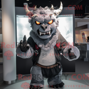 Mascot character of a Gray Demon dressed with a Leather Jacket and Scarves