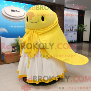Mascot character of a Lemon Yellow Humpback Whale dressed with a Circle Skirt and Shawls