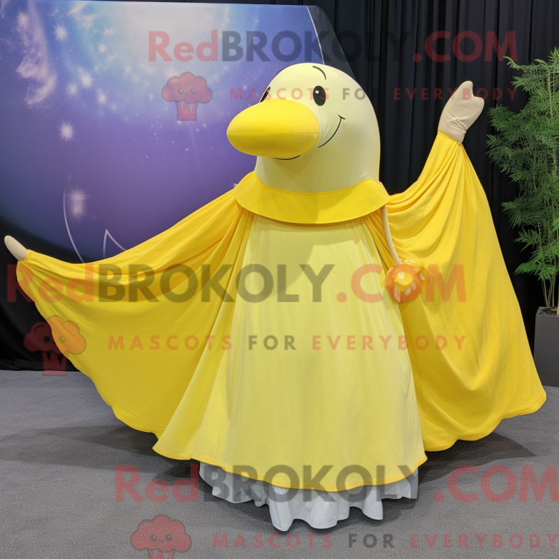 Mascot character of a Lemon Yellow Humpback Whale dressed with a Circle Skirt and Shawls
