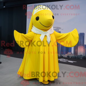 Mascot character of a Lemon Yellow Humpback Whale dressed with a Circle Skirt and Shawls