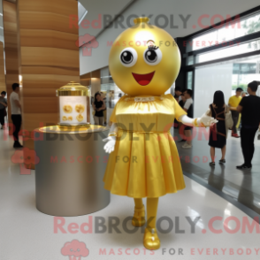 Mascot character of a Gold Candy Box dressed with a Cocktail Dress and Bracelet watches