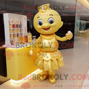Mascot character of a Gold Candy Box dressed with a Cocktail Dress and Bracelet watches