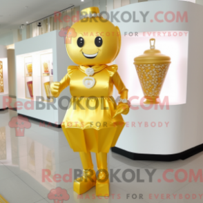 Mascot character of a Gold Candy Box dressed with a Cocktail Dress and Bracelet watches