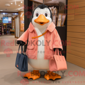 Mascot character of a Peach Penguin dressed with a Coat and Tote bags