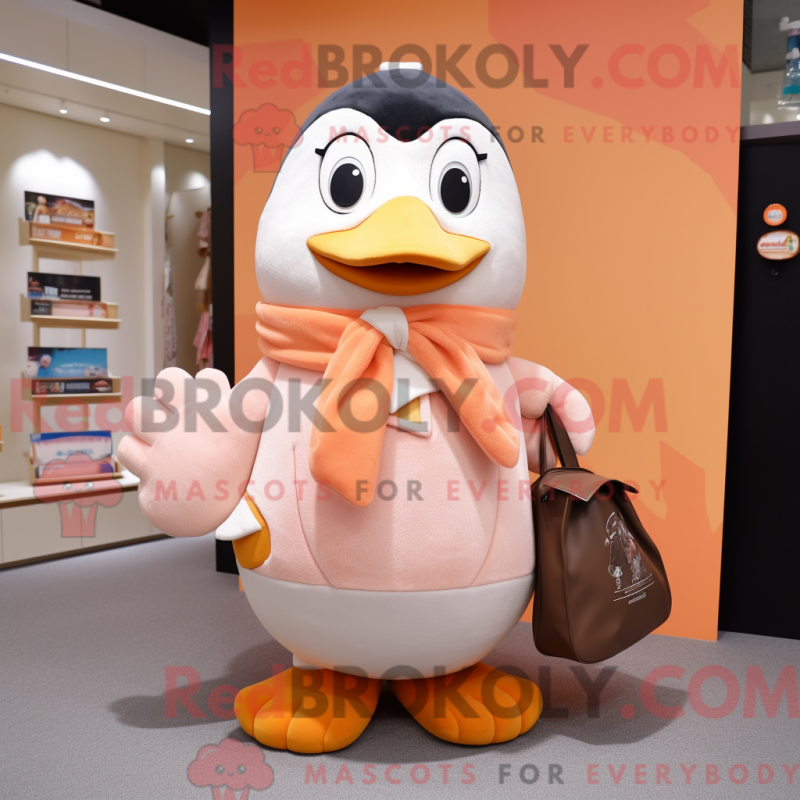 Mascot character of a Peach Penguin dressed with a Coat and Tote bags