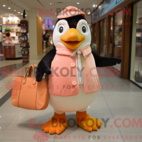 Mascot character of a Peach Penguin dressed with a Coat and Tote bags