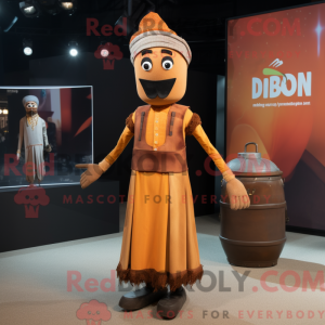 Mascot character of a Rust Biryani dressed with a Midi Dress and Suspenders