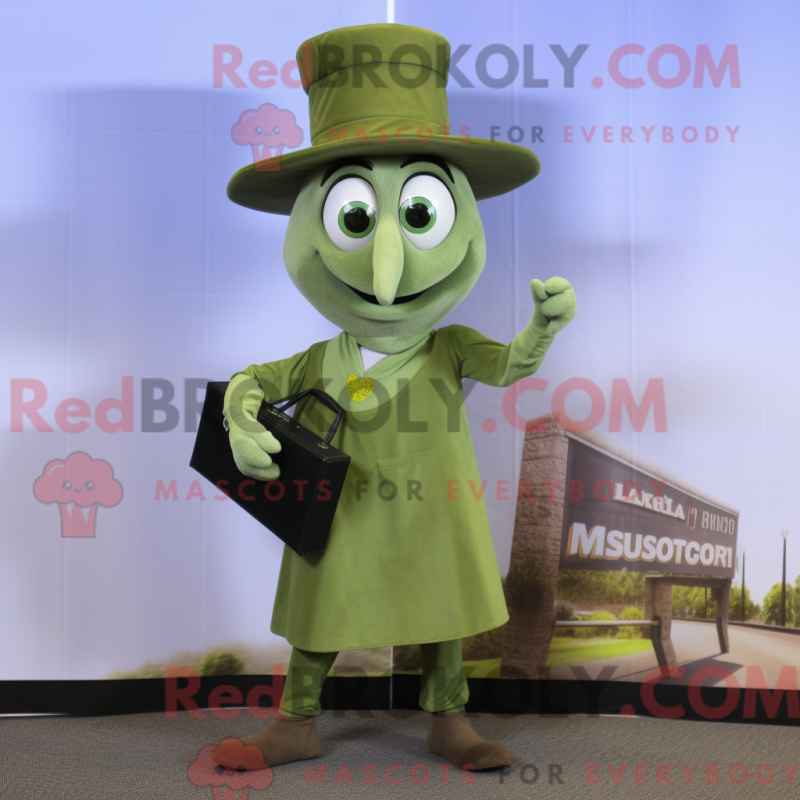 Mascot character of a Olive Magician dressed with a Skinny Jeans and Briefcases