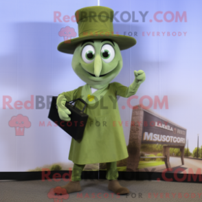 Mascot character of a Olive Magician dressed with a Skinny Jeans and Briefcases